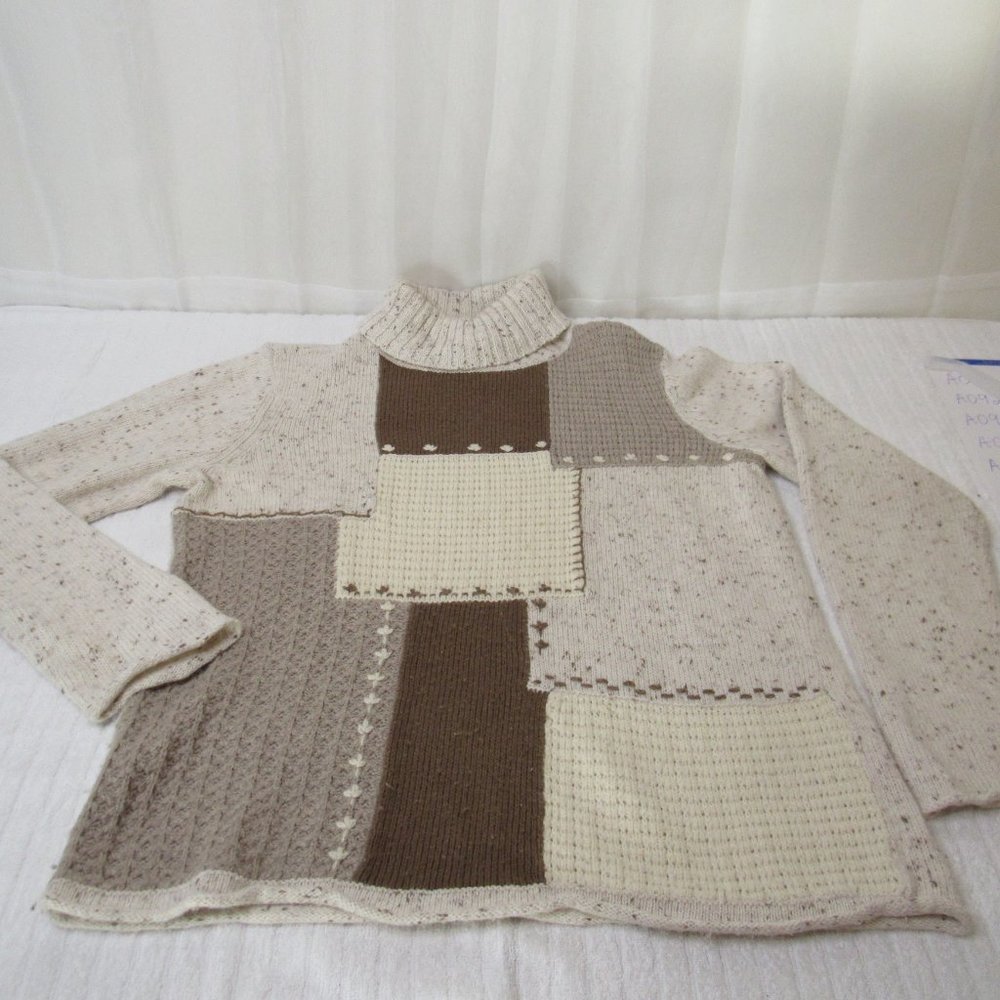 Crazy Horse Liz Claiborne Tan Brown Patchwork Turtleneck Sweater Medium Grandma